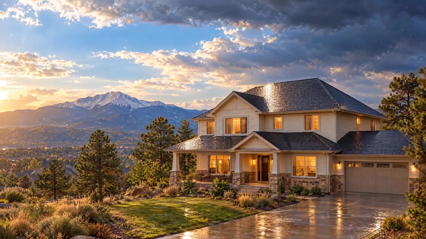 A home with a wet new roof as a storm clears over Pikes Peak
