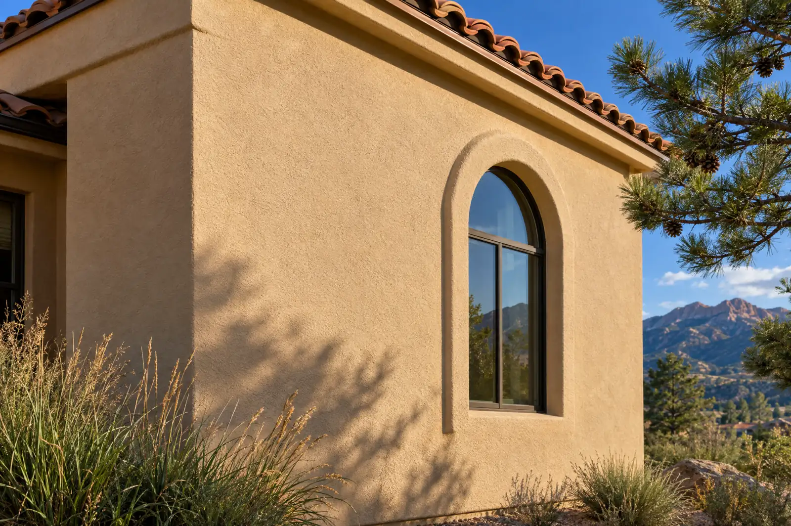 A Colorado home with smooth, freshly finished tan stucco walls