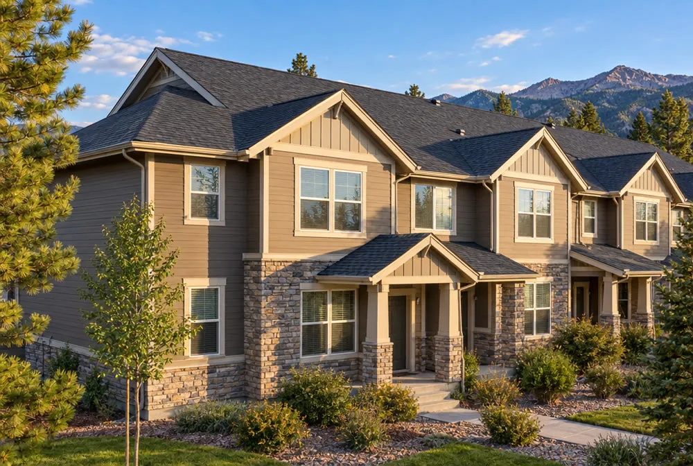 Townhome building with a shingle roof